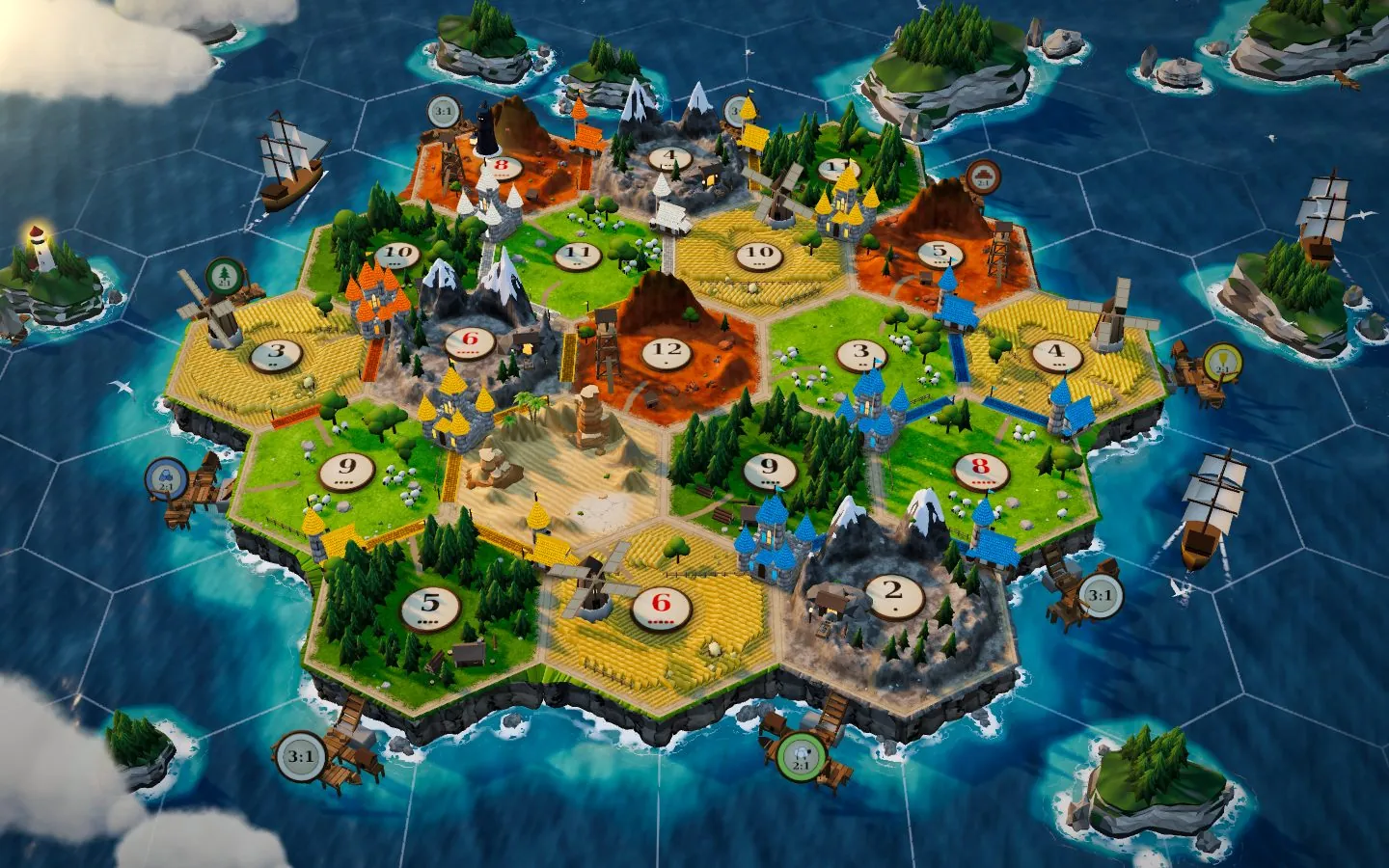 Das Spielbrett von Settler: eine 3D-Insel aus Wäldern, Äckern, Hügeln und Gebirgen mit Siedlungen, Straßen und Häfen im blauen Meer